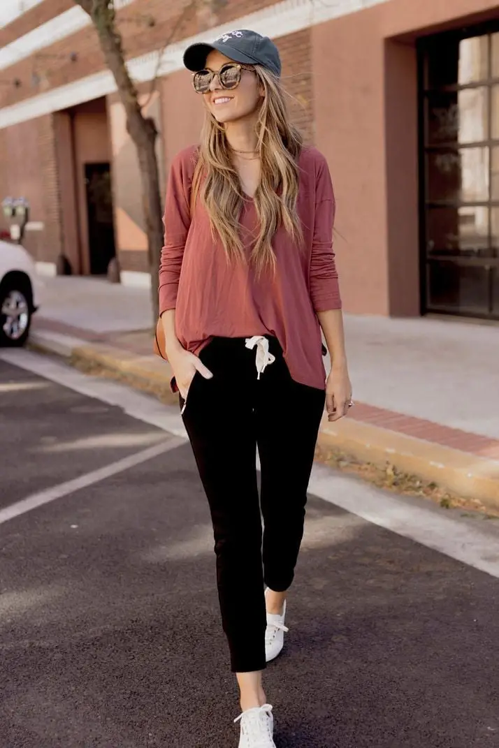 Black Joggers With Rose Pink Top and Cap Black Joggers With Rose Pink Top and Cap — Classy Joggers Outfits