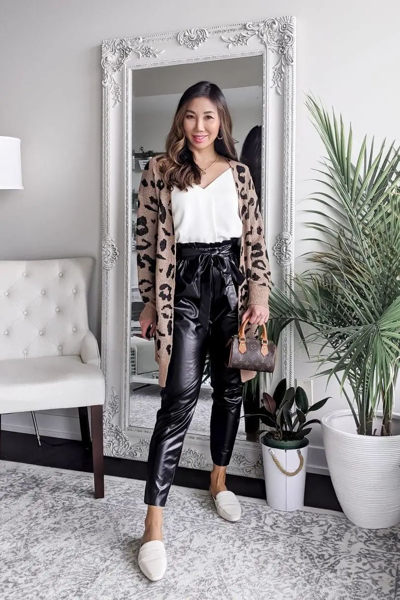 Black Leather Joggers With Leopard Cardigan Black Leather Joggers With Leopard Cardigan — Classy Joggers Outfits