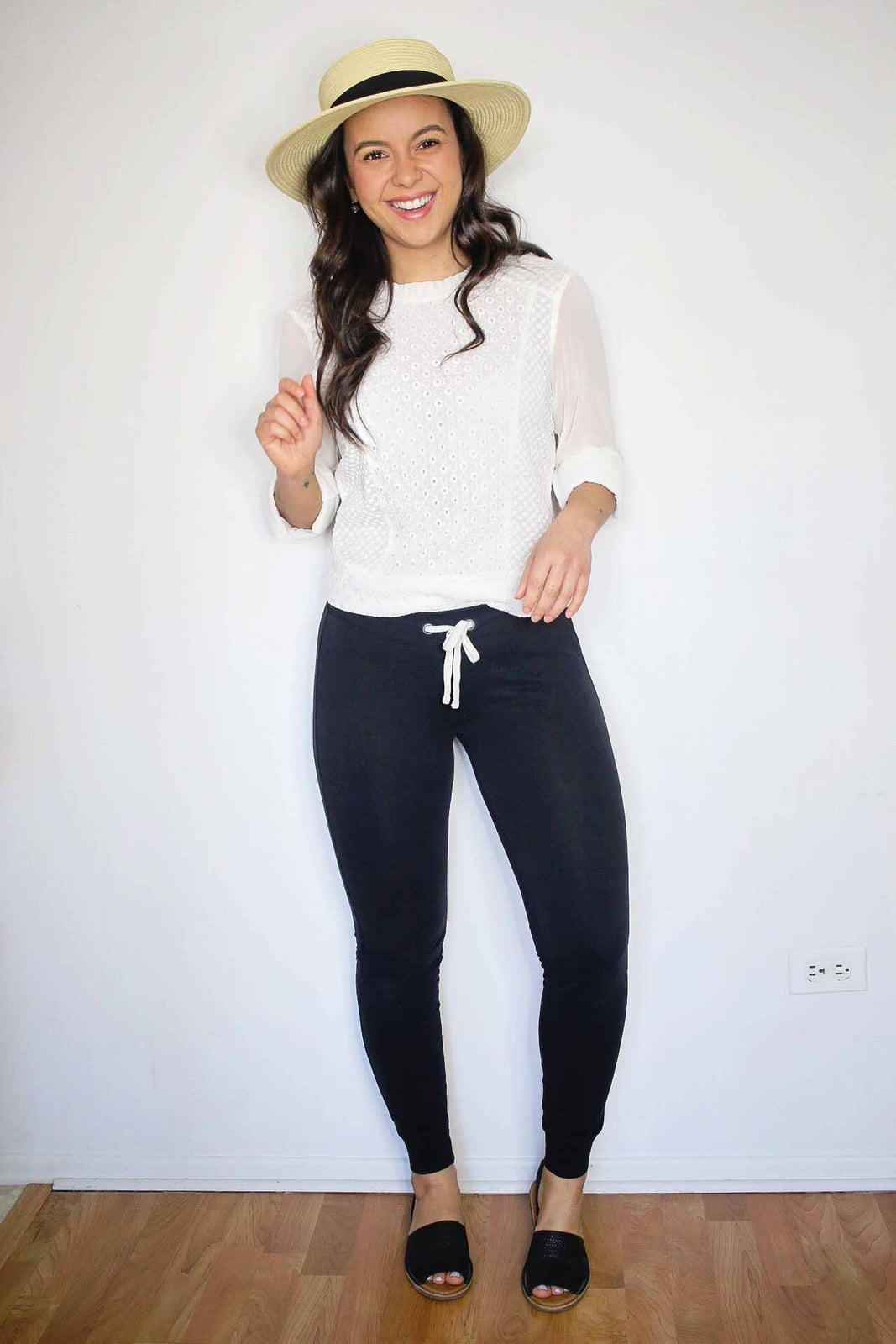 Black Joggers With Eyelet Blouse and Fedora Black Joggers With Eyelet Blouse and Fedora — Classy Joggers Outfits
