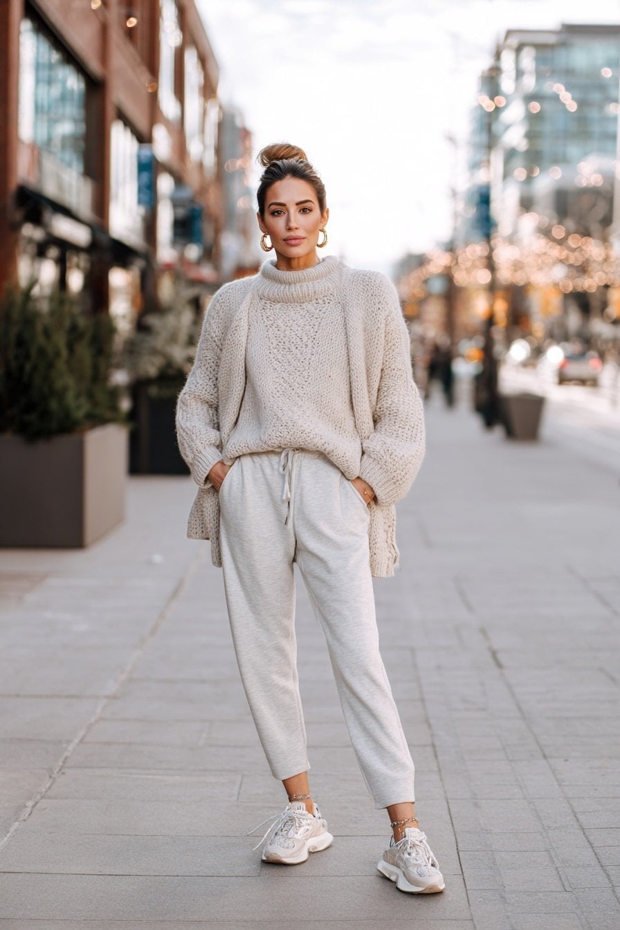 Light Gray Joggers With Chunky Knitwear Light Gray Joggers With Chunky Knitwear — Classy Joggers Outfits