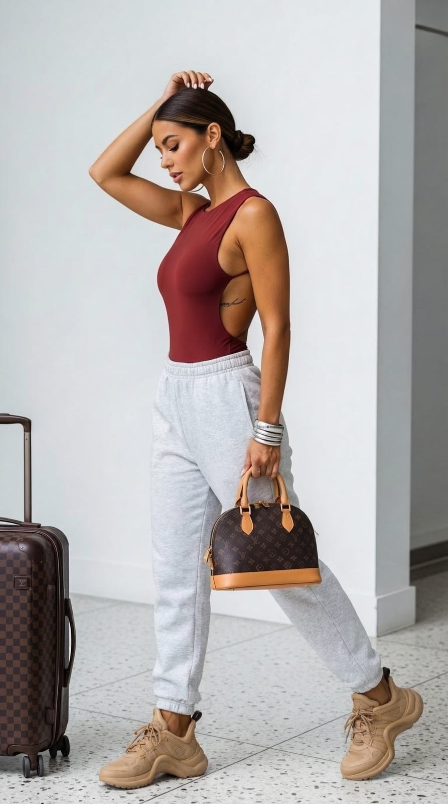 Gray Joggers With a Burgundy Bodysuit Gray Joggers With a Burgundy Bodysuit — Classy Joggers Outfits