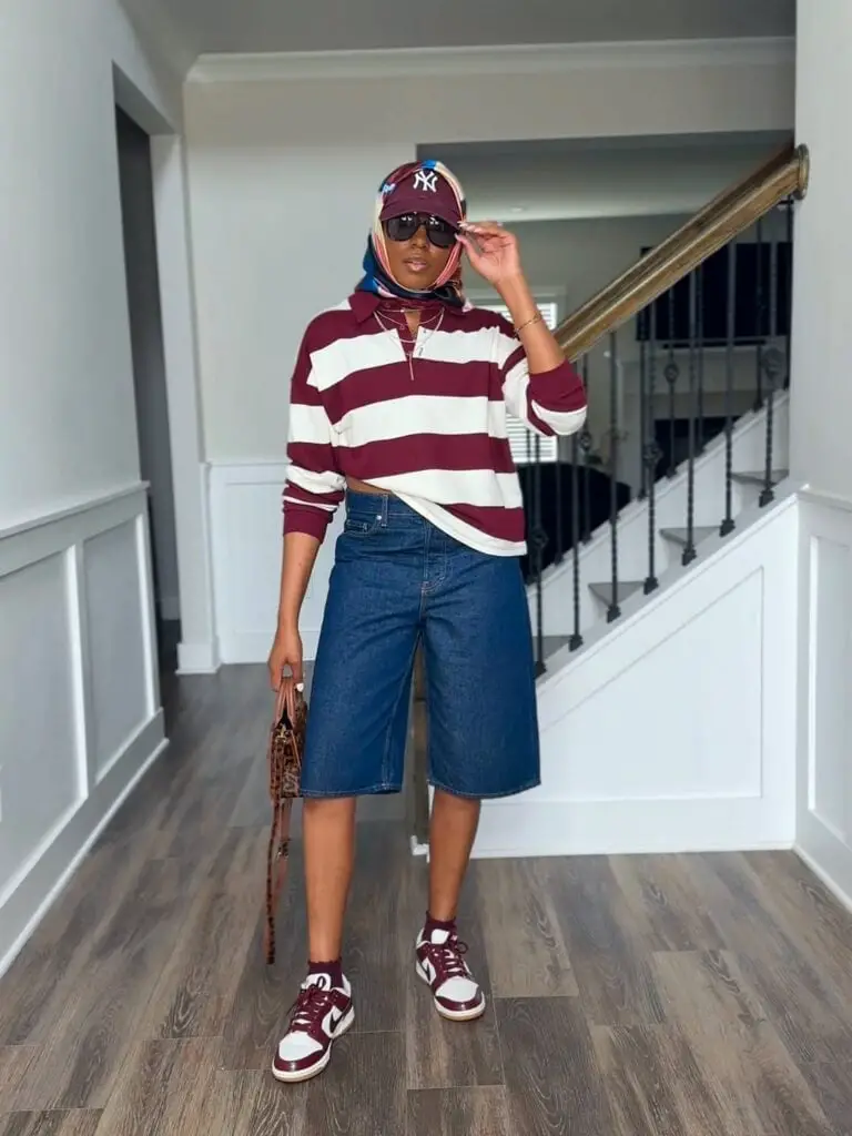 Dark Wash Jorts With Striped Polo Shirt, Close-Up Take — Classy Jorts Outfits