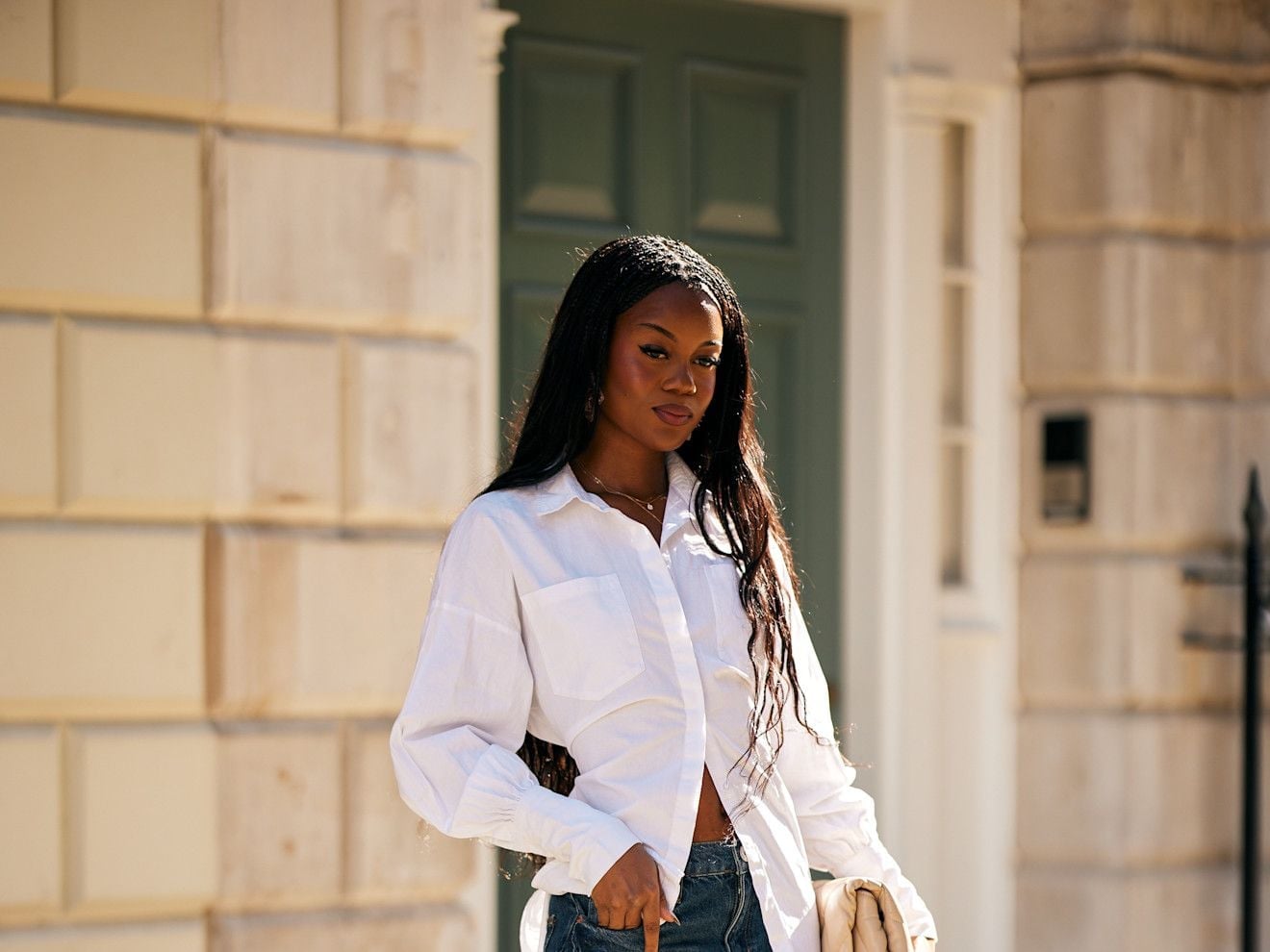 Light Wash Denim Shorts With Oversized White, Office-Safe Version — Classy Jorts Outfits
