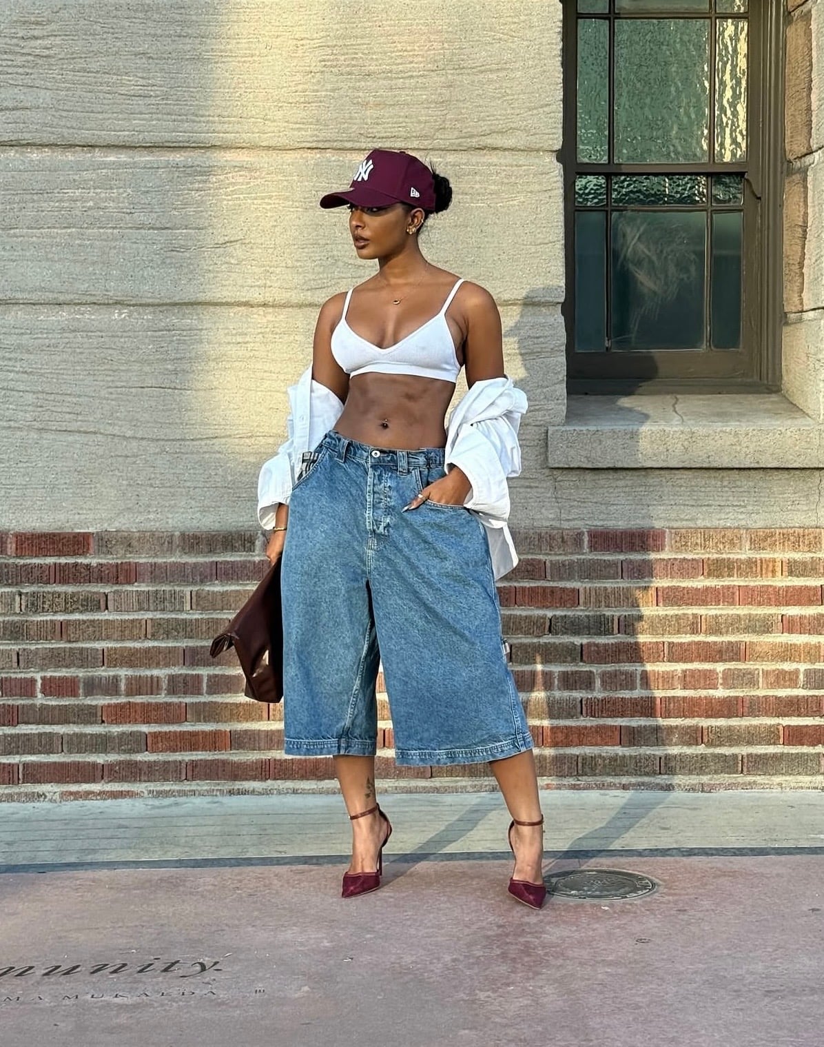 Wide Leg Jorts With Bralette And Maroon Heels and A Brown Clutch Bag — Classy Jorts Outfits