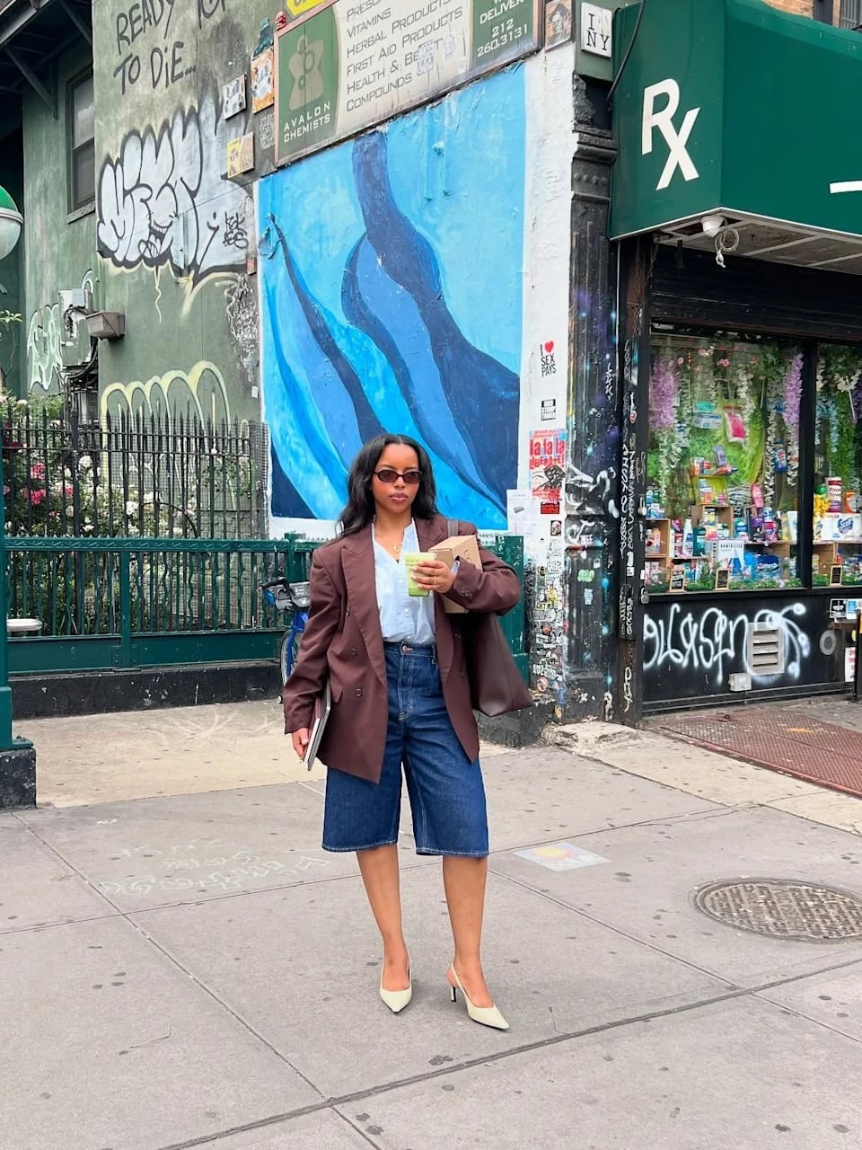Dark Blue Denim Shorts With Brown Blazer and White Pointed Heels — Classy Jorts Outfits