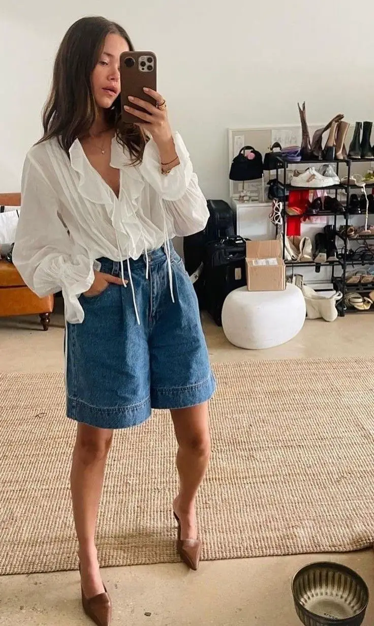 Relaxed Fit Jorts With White Ruffled Blouse — Classy Jorts Outfits