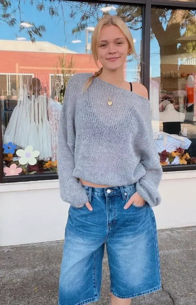 Wide Leg Jorts With Off-Shoulder Knit Sweater — Classy Jorts Outfits