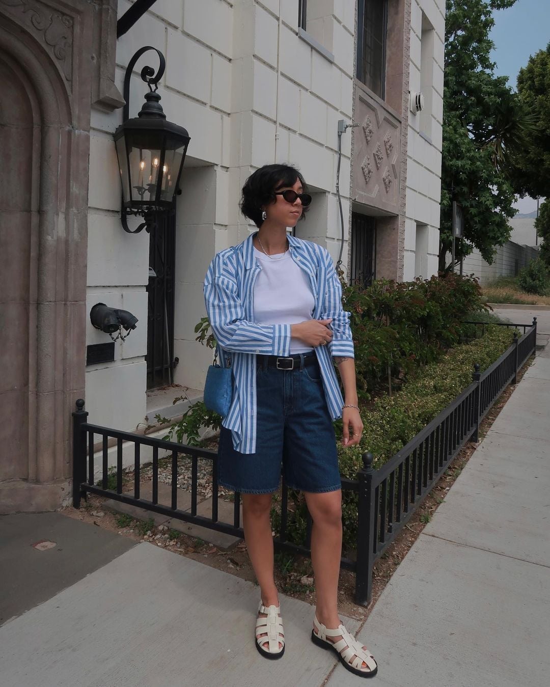 Denim Jorts With Striped Blazer And White Tee — Classy Jorts Outfits