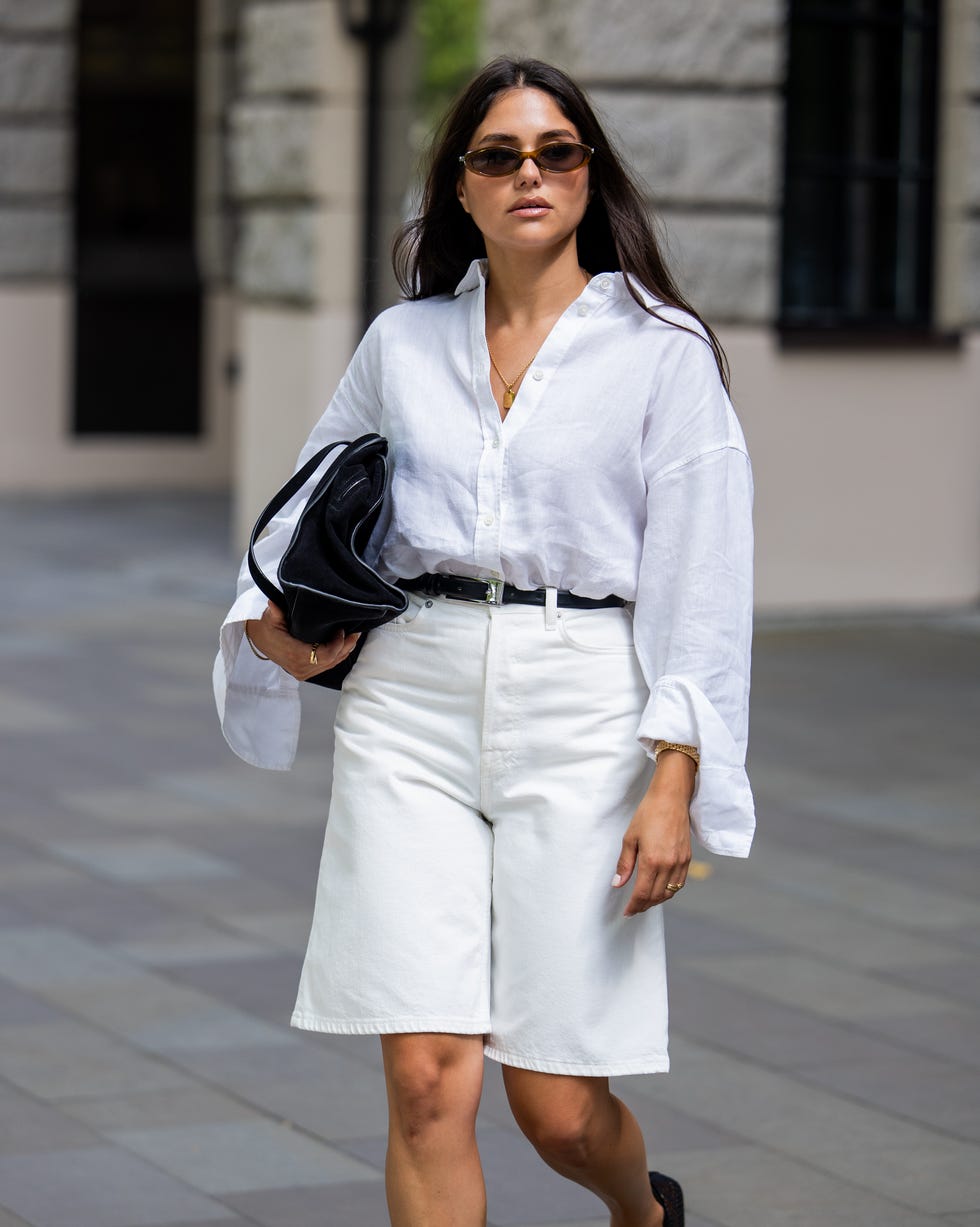 White Denim Jorts With An Oversized Linen Shirt — Classy Jorts Outfits