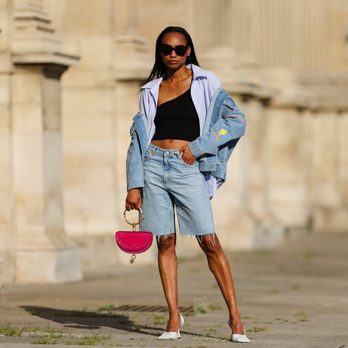 Denim Bermuda Shorts With One-Shoulder Top — Classy Jorts Outfits