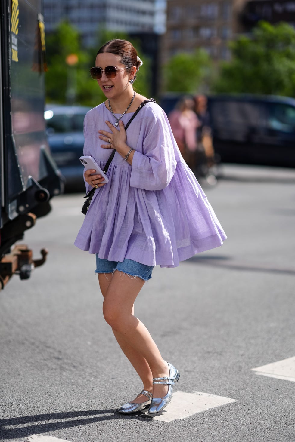 Light Denim Jorts With Lilac Smock Top — Classy Jorts Outfits