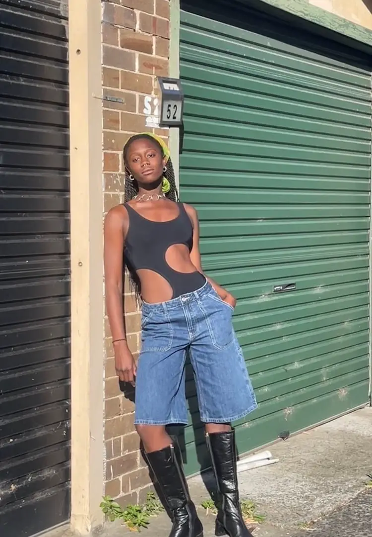 Wide Leg Denim Shorts With Cutout Bodysuit — Classy Jorts Outfits