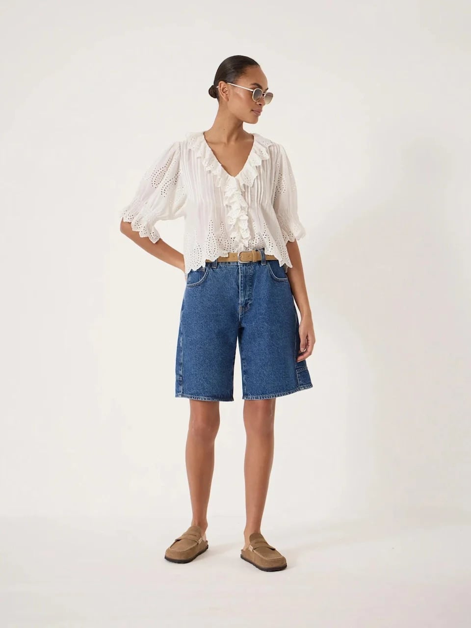 Blue Denim Jorts With Broderie Anglaise Blouse — Classy Jorts Outfits