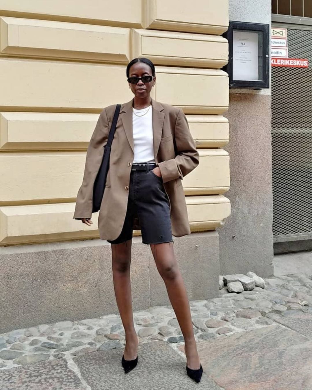 Dark Denim Jorts With A Brown Blazer And White Tee — Classy Jorts Outfits