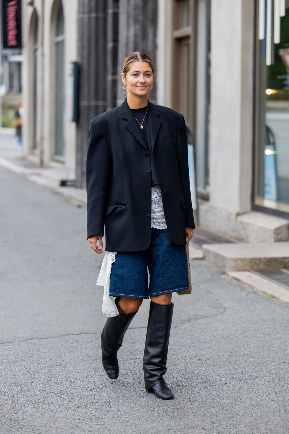 Blue Denim Jorts With Black Blazer And Lace Top — Classy Jorts Outfits