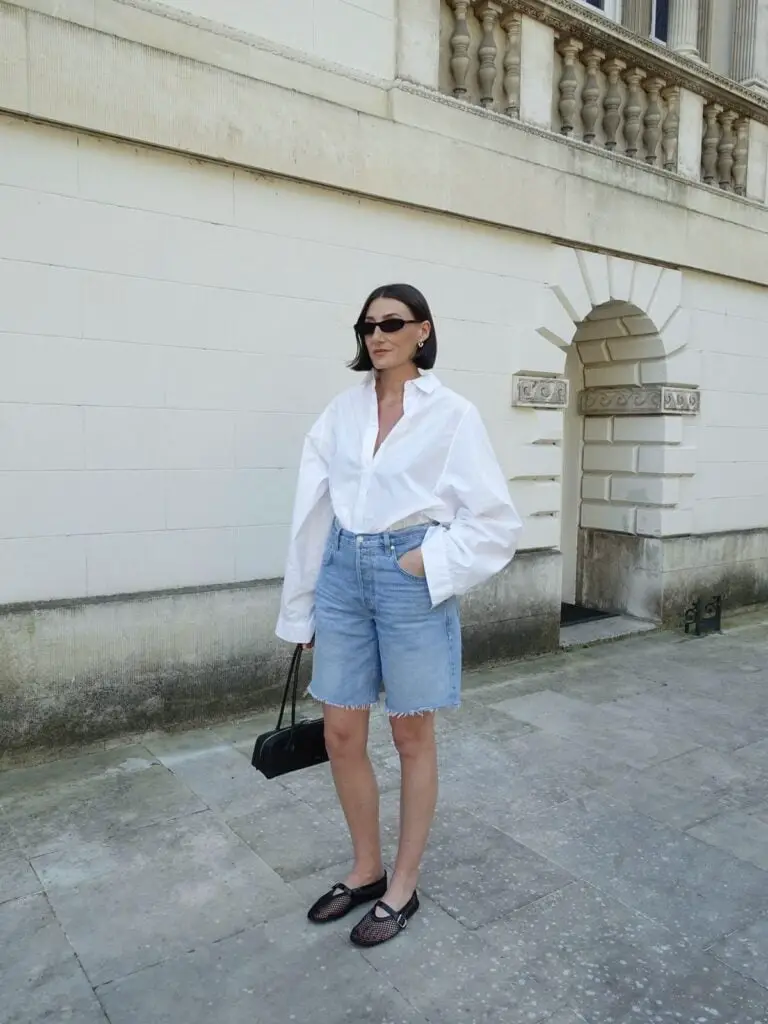 Light Wash Jorts With Oversized White Shirt — Classy Jorts Outfits