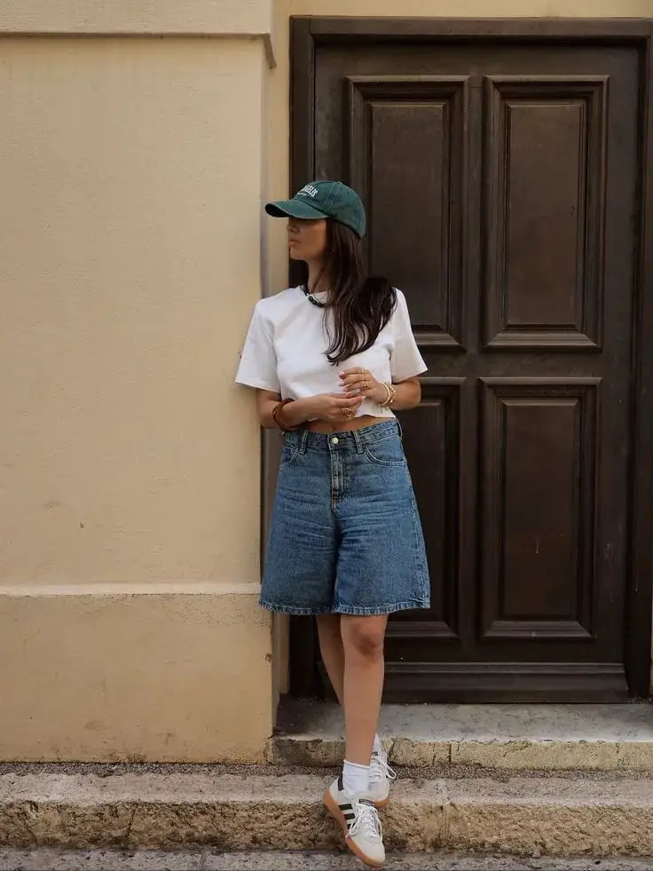 Mid-Length Denim Shorts With Graphic Tee And Cap — Classy Jorts Outfits