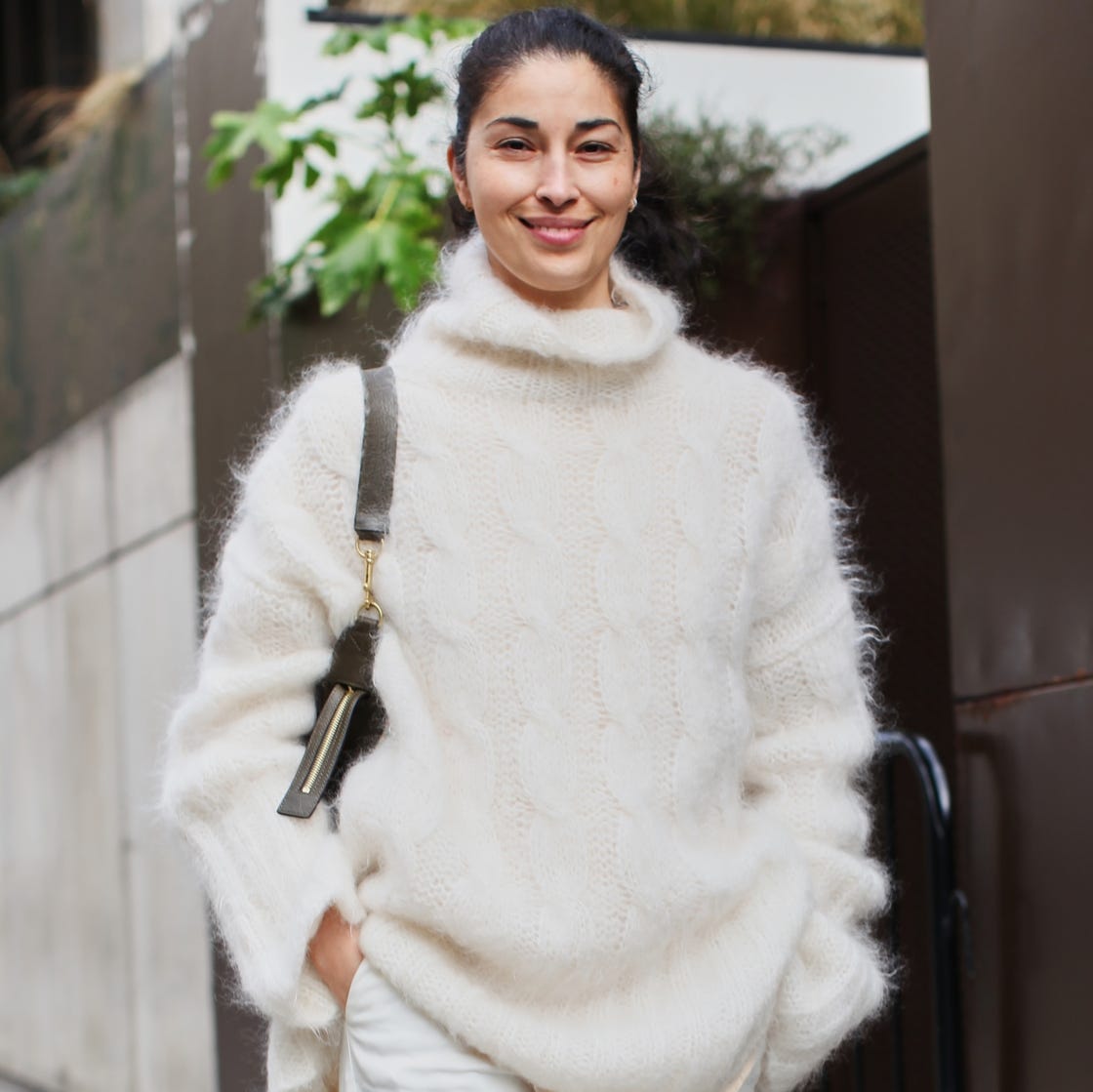 Cream Fuzzy Knit Turtleneck Sweater With White Trousers — Classy Knit Outfits