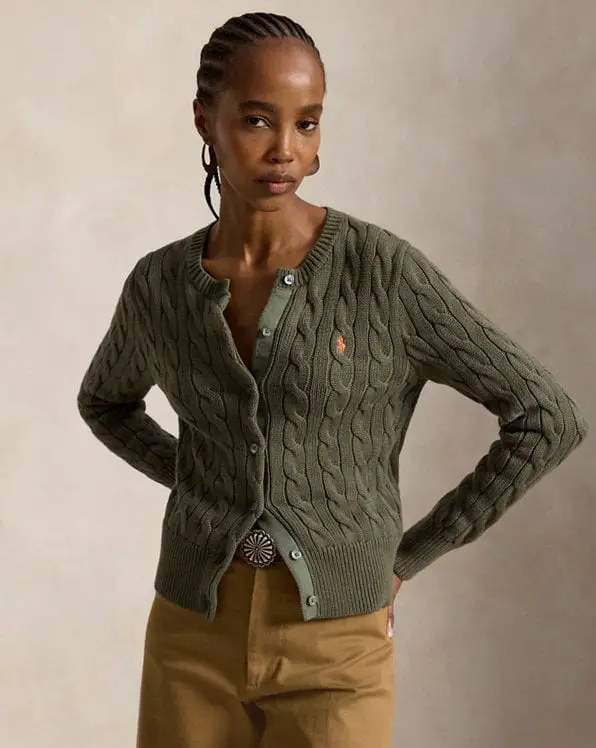 Olive Green Cable Knit Cardigan With Tan Trousers — Classy Knit Outfits