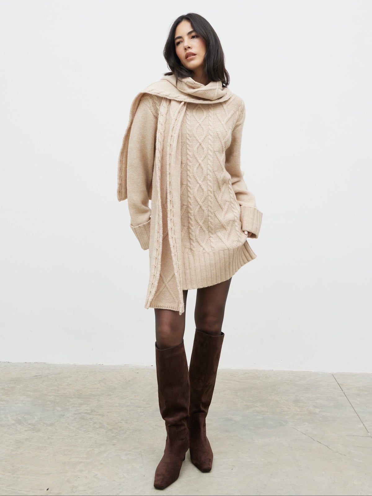 Beige Cable Knit Sweater Dress With Scarf and Boots — Classy Knit Outfits