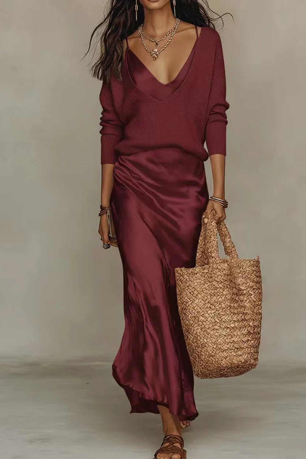 Burgundy Knit Sweater With Satin Slip Dress — Classy Knit Outfits