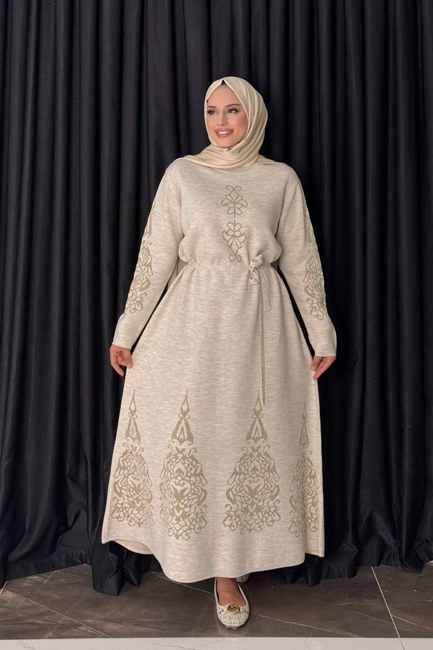Beige Knit Dress With Gold Embellishments — Classy Knit Outfits