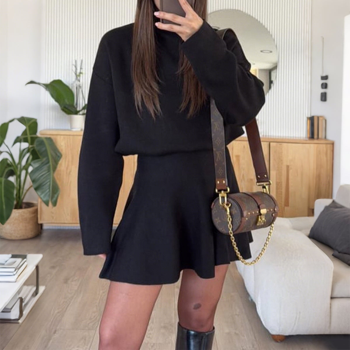 Black Turtleneck Sweater Dress With Flared Skirt — Classy Knit Outfits