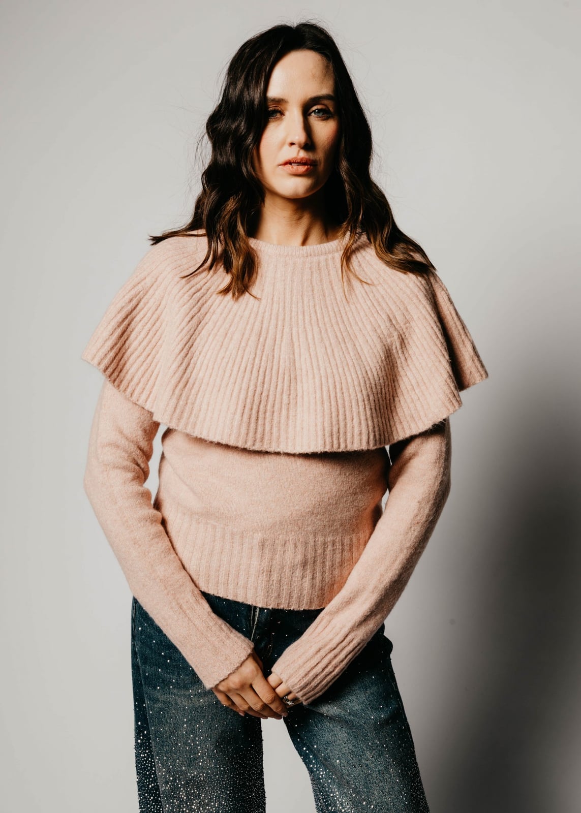 Pale Pink Ribbed Knit Sweater With Cape Collar — Classy Knit Outfits