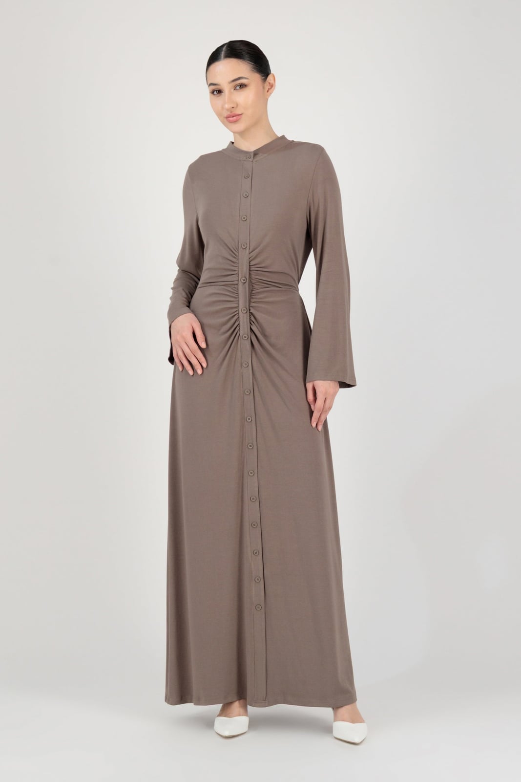 Taupe Knit Maxi Dress With Button Front — Classy Knit Outfits