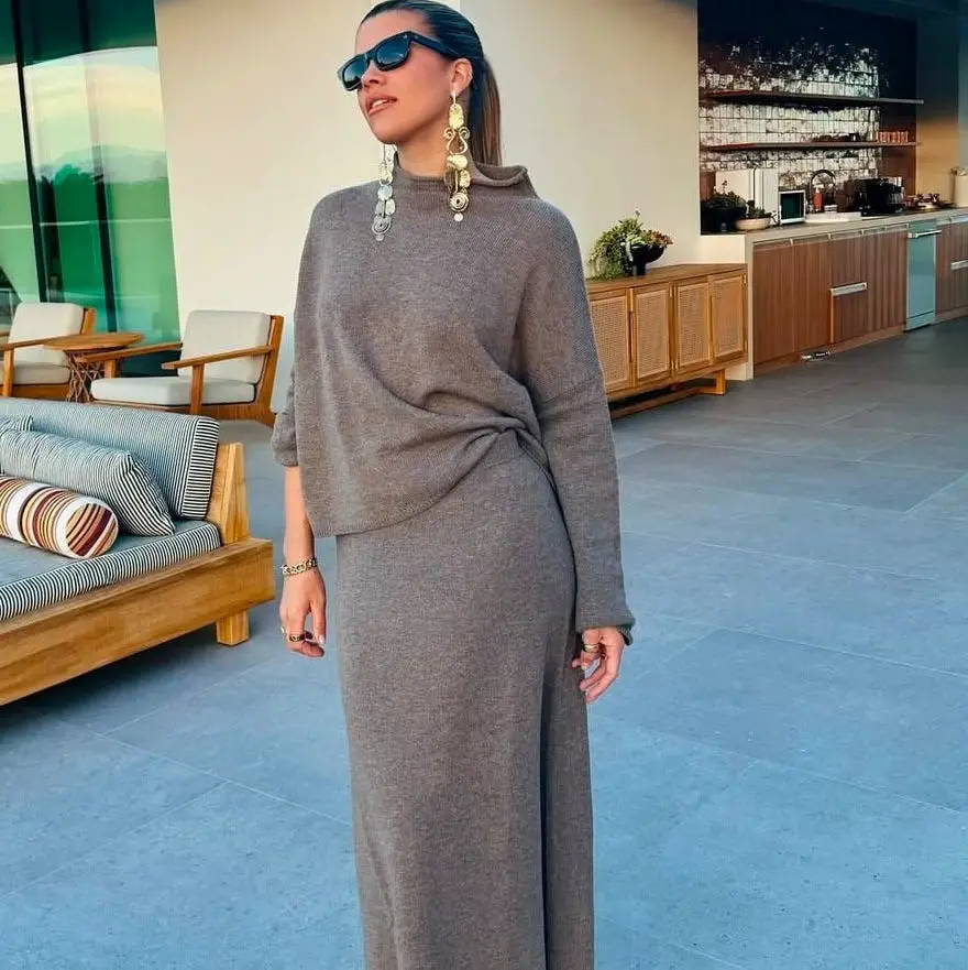 Gray Fine Knit Turtleneck With Long Knit Skirt — Classy Knit Outfits