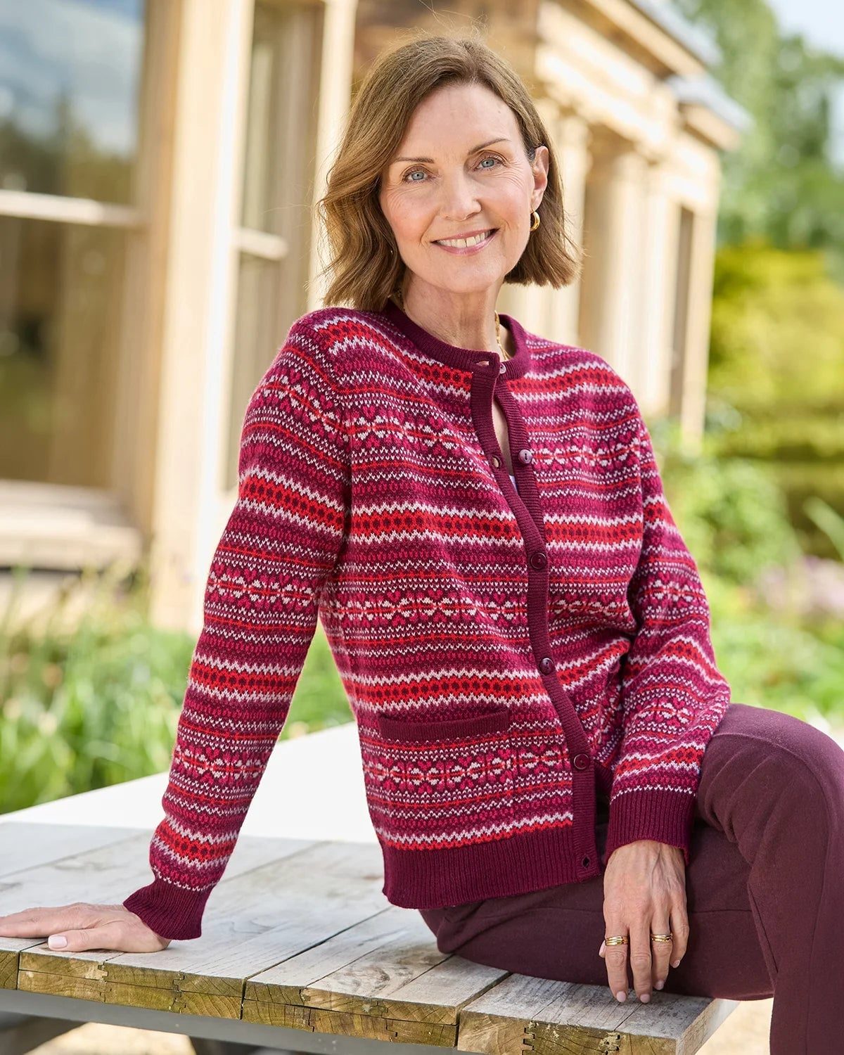 Pink Fair Isle Knit Cardigan With Burgundy Trousers — Classy Knit Outfits