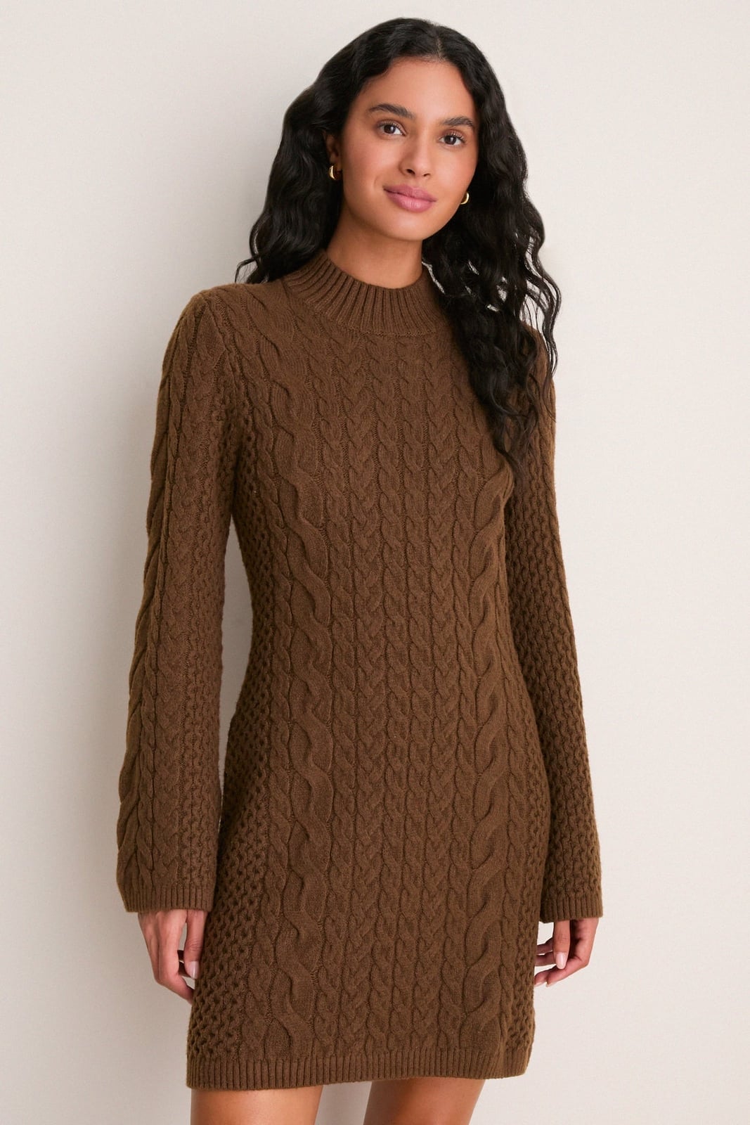 Brown Cable Knit Mini Dress With Mock Neck — Classy Knit Outfits