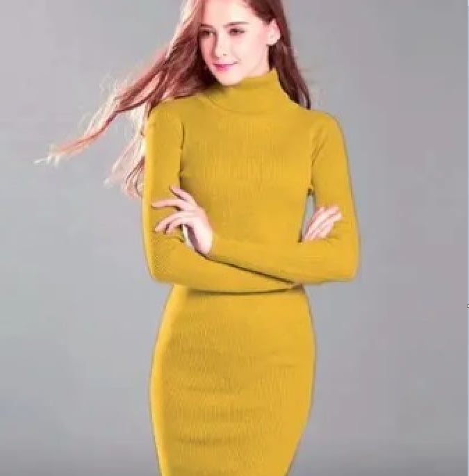 Mustard Yellow Turtleneck Knit Dress — Classy Knit Outfits