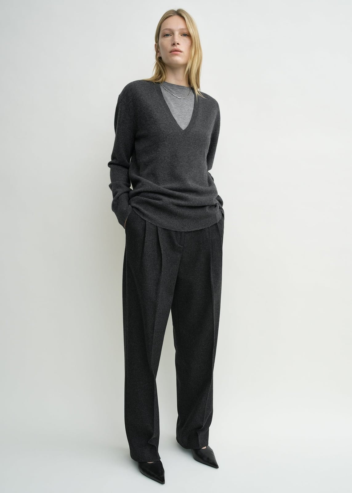 Charcoal Gray V-Neck Sweater With Matching Trousers — Classy Knit Outfits