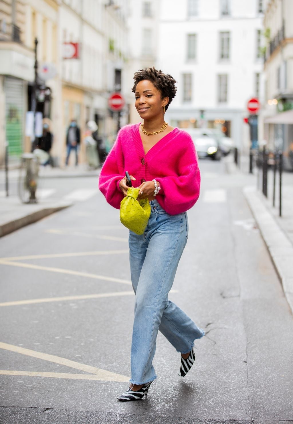 Bright Pink Fluffy Knit Cardigan With Jeans — Classy Knit Outfits
