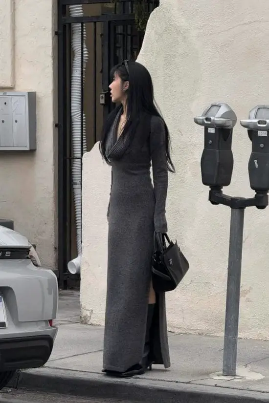 Gray Knit Maxi Dress with Cowl Neck — Classy La Outfits