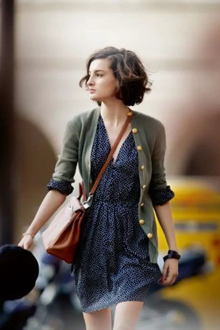 Olive Green Cardigan Over Navy Polka Dot Dress — Classy La Outfits
