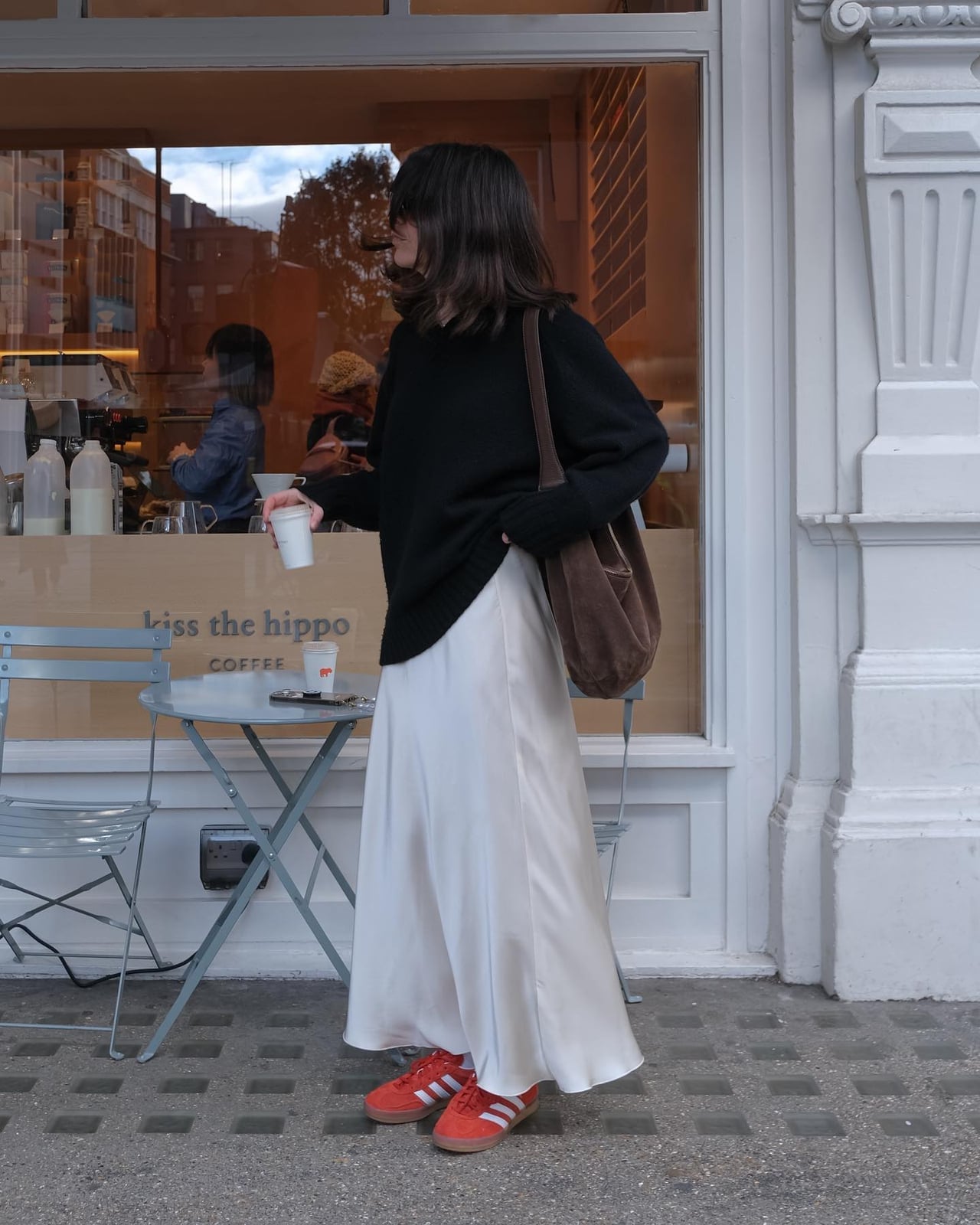 Black Oversized Sweater with Ivory Satin Maxi Skirt — Classy La Outfits