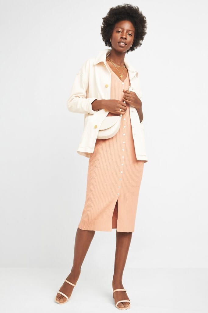 Peach Ribbed Knit Midi Dress with Utility Jacket — Classy La Outfits