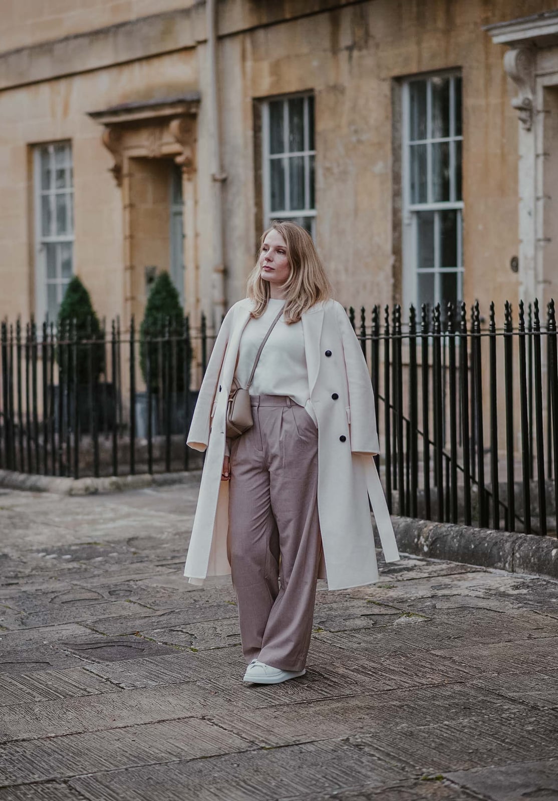 Oversized Cream Coat Over Cream Sweater and Trousers — Classy La Outfits