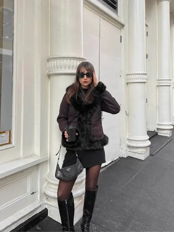 Faux Fur Trim Jacket with Mini Skirt — Classy La Outfits