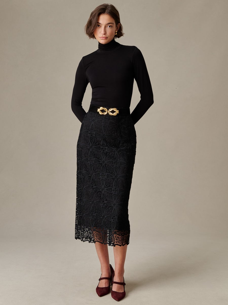 Black Lace Pencil Skirt With Turtleneck And Heels Black Lace Pencil Skirt With Turtleneck And Heels — Classy Lace Skirt Outfit