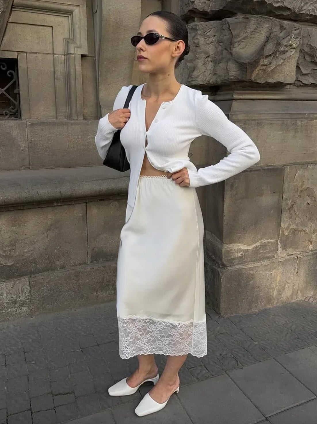 White Satin Slip Skirt With Lace Trim And Cardigan White Satin Slip Skirt With Lace Trim And Cardigan — Classy Lace Skirt Outfit