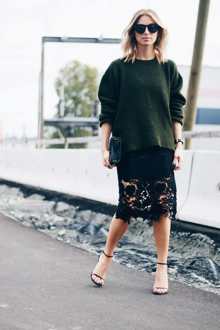 Black Lace Pencil Skirt With Green Sweater And Heels Black Lace Pencil Skirt With Green Sweater And Heels — Classy Lace Skirt Outfit