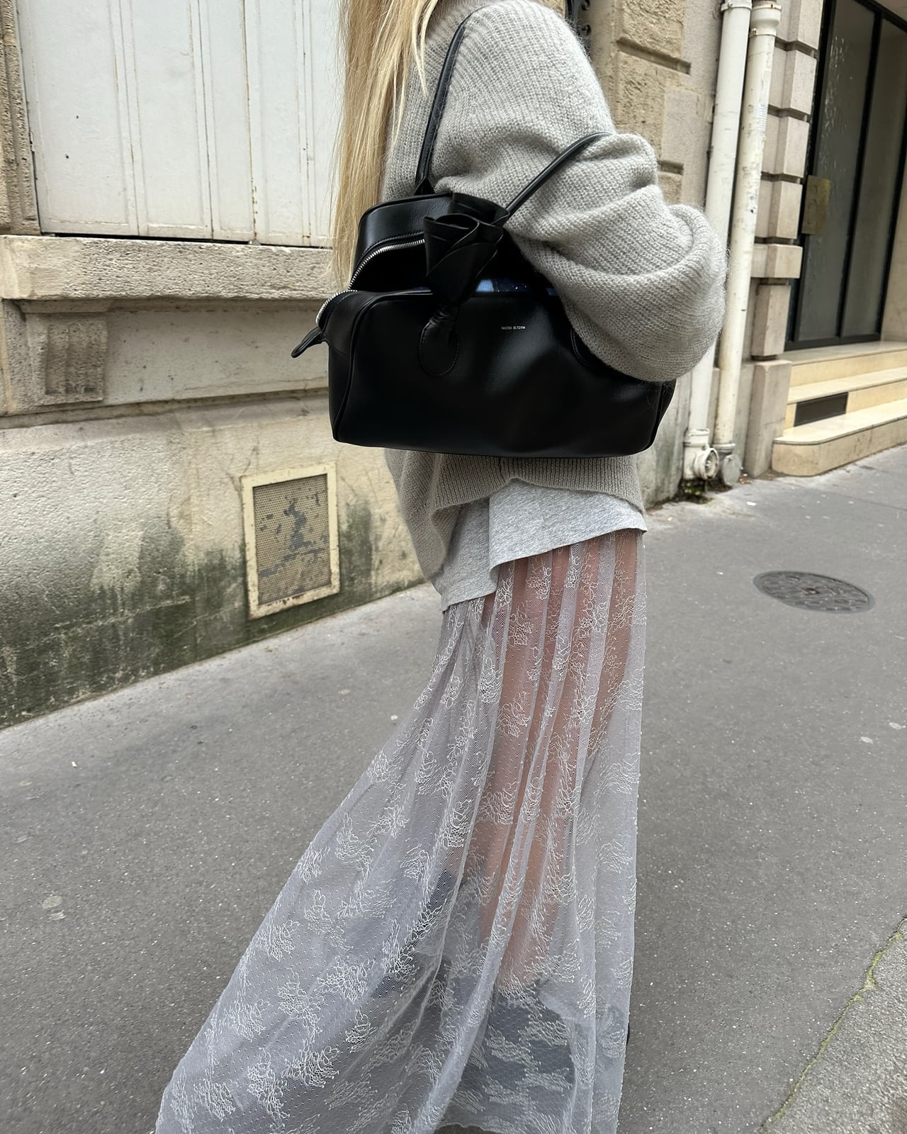 Sheer White Lace Maxi Skirt With Gray Sweater Sheer White Lace Maxi Skirt With Gray Sweater — Classy Lace Skirt Outfit