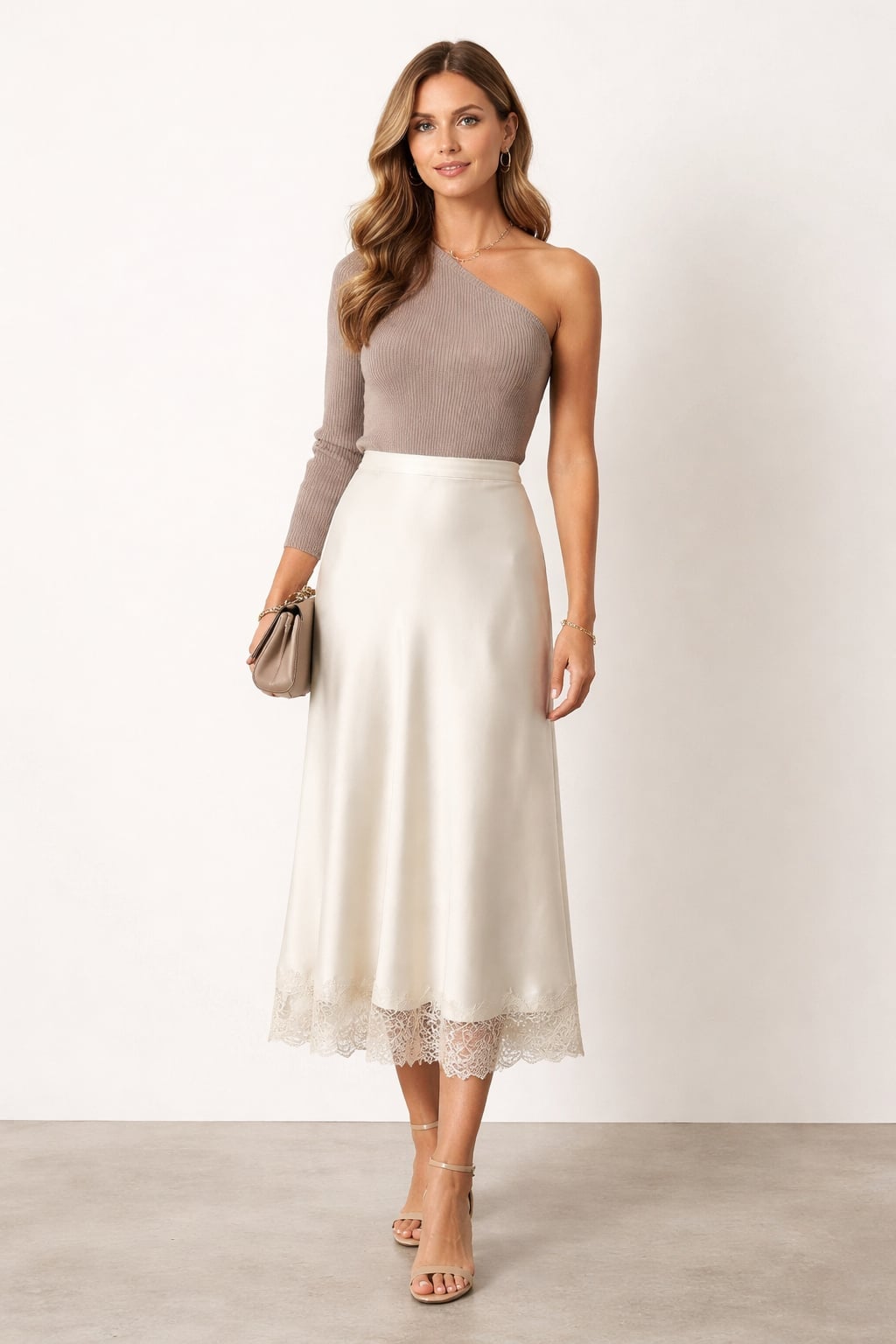 Cream Satin Midi Skirt With Lace Trim And One-Shoulder Top Cream Satin Midi Skirt With Lace Trim And One-Shoulder Top — Classy Lace Skirt Outfit
