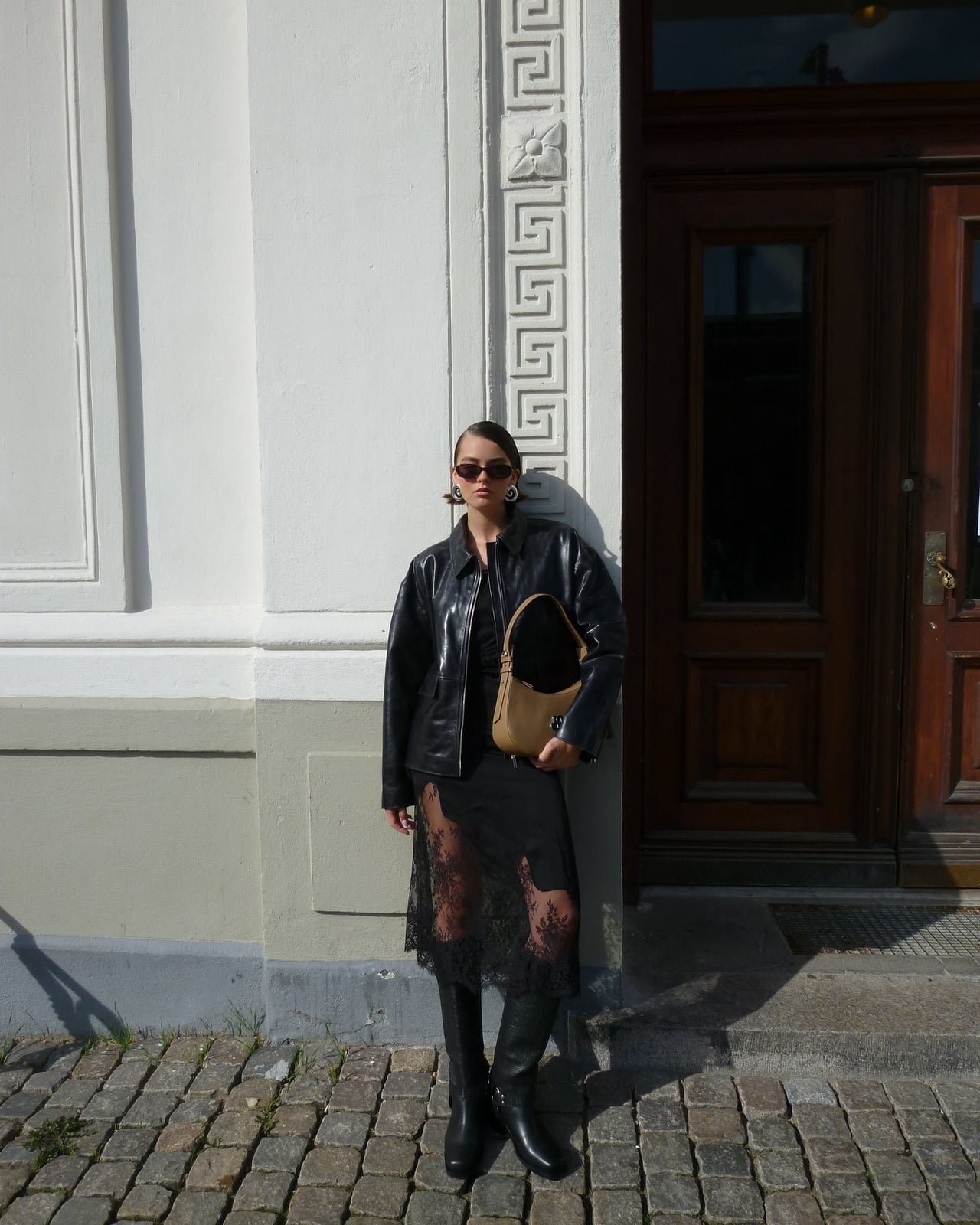 Black Lace Midi Skirt With Leather Jacket And Boots Black Lace Midi Skirt With Leather Jacket And Boots — Classy Lace Skirt Outfit