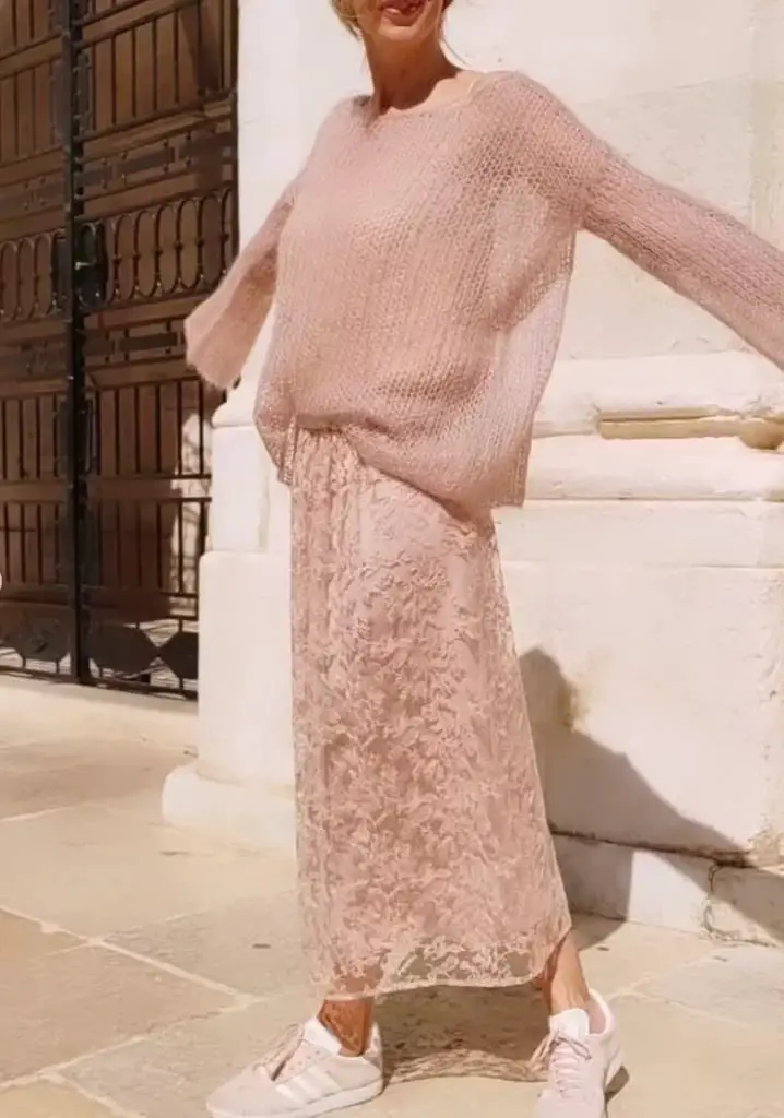 Pink Floral Lace Maxi Skirt With Sheer Knit Sweater And Sneakers Pink Floral Lace Maxi Skirt With Sheer Knit Sweater And Sneakers — Classy Lace Skirt Outfit