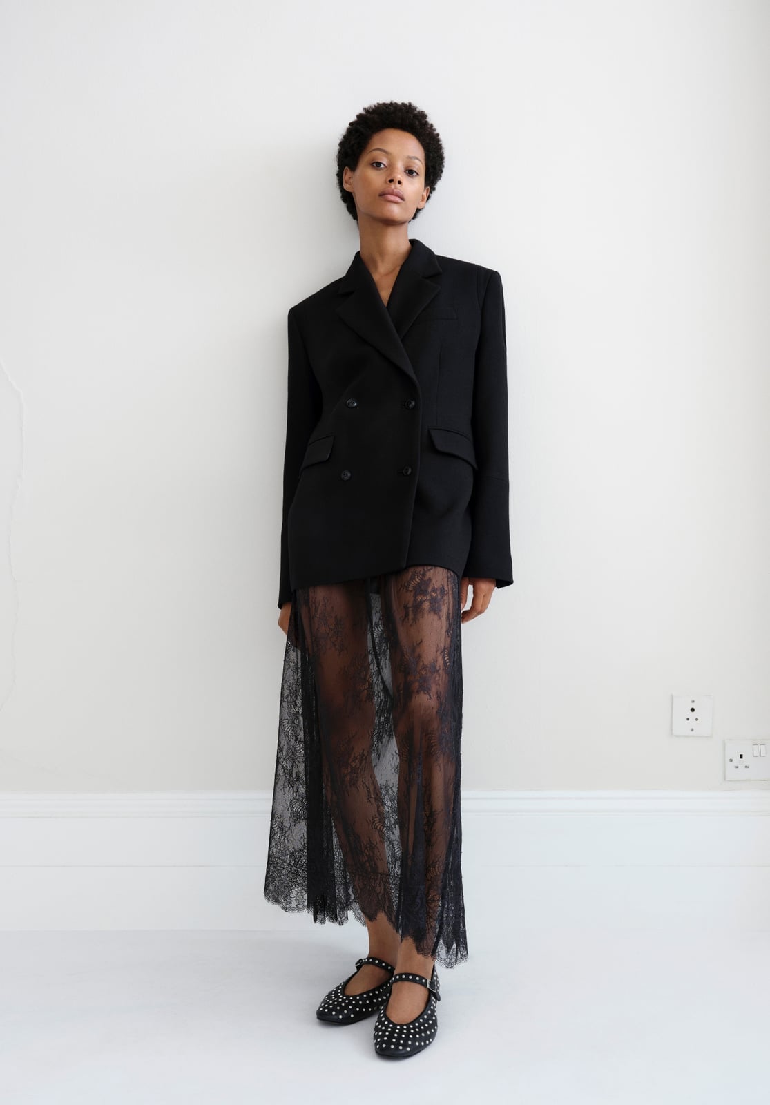 Sheer Black Lace Midi Skirt With Oversized Blazer Sheer Black Lace Midi Skirt With Oversized Blazer — Classy Lace Skirt Outfit