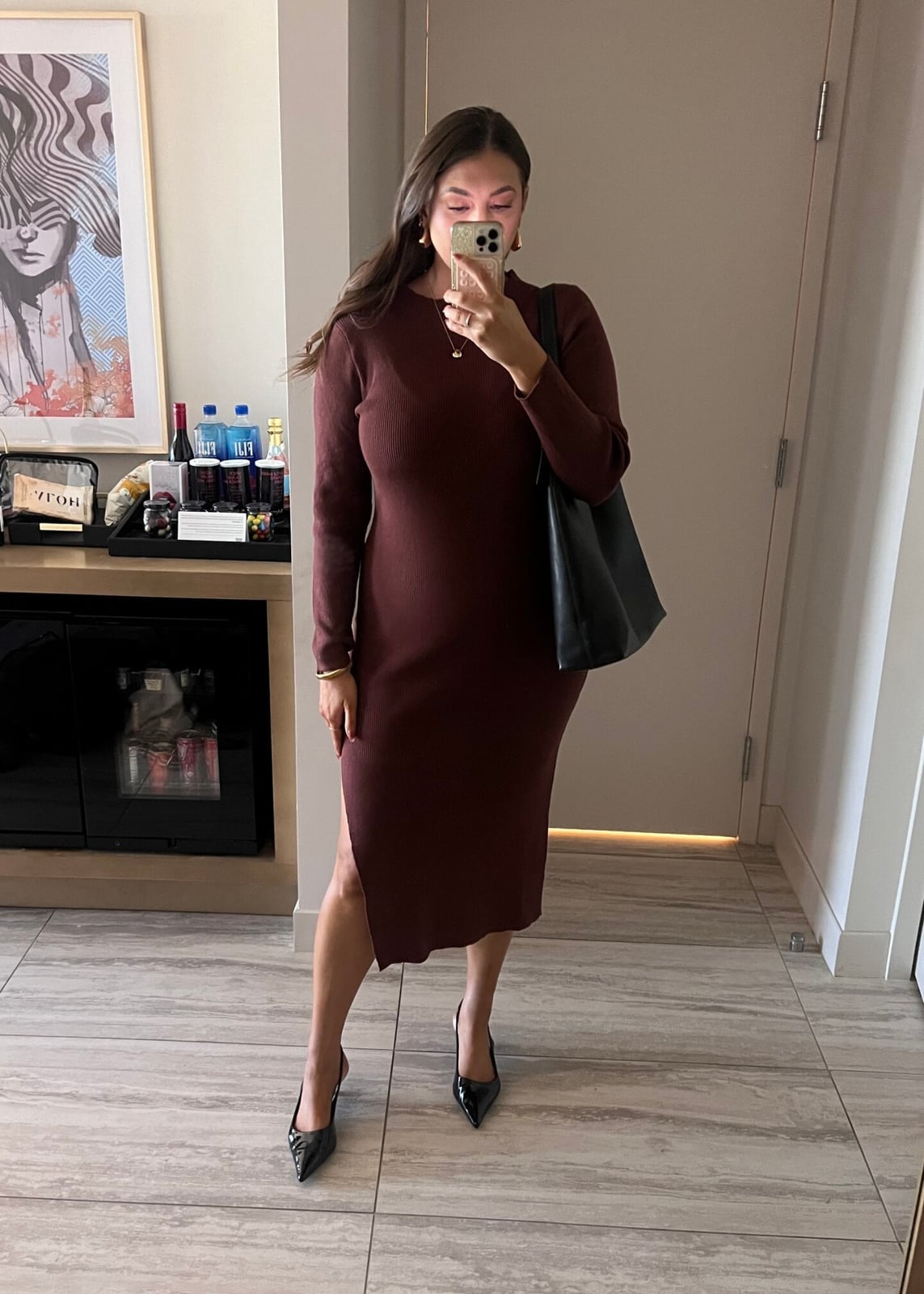 Maroon Ribbed Knit Midi Dress with Side Slit Maroon Ribbed Knit Midi Dress with Side Slit — Classy Las Vegas Outfits